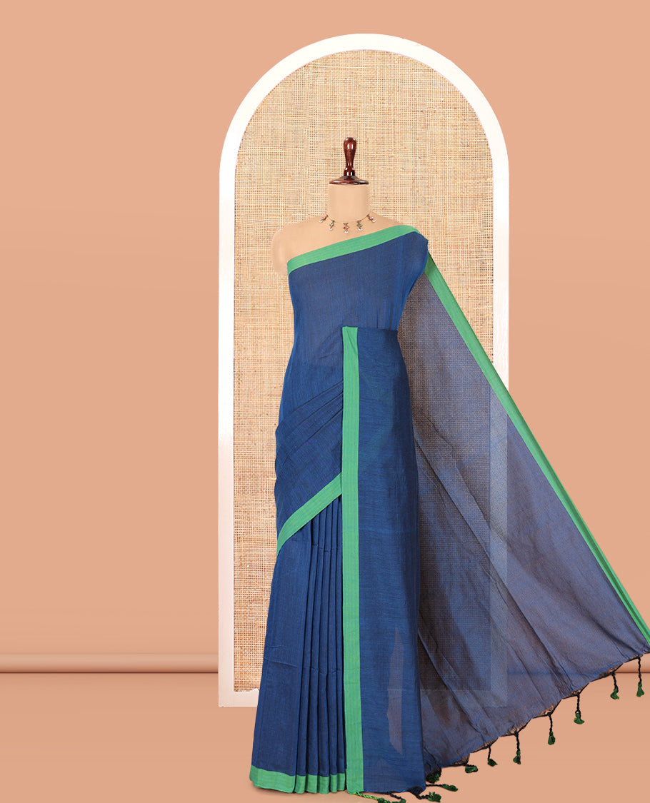 Royal Blue Plain Khadi Cotton Saree, a Contrast Border, a Self-Pallu, and No Blouse
