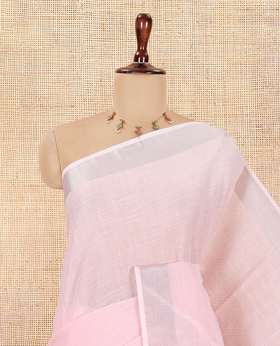 Baby Pink Plain Linen-Cotton Saree, a Zari Border, Striped Pallu, and a Matching Blouse