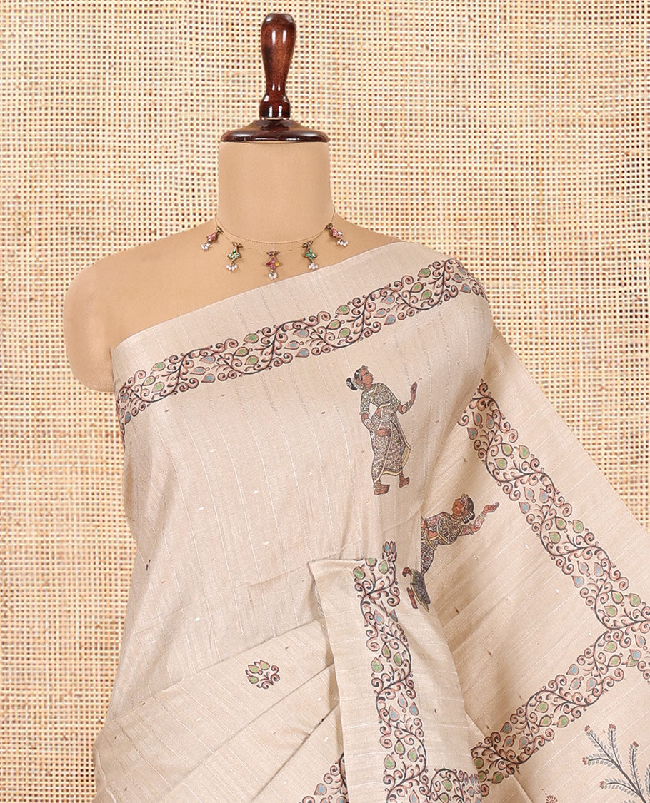 Chikku Matka Tussar Saree, Adorned with Unique Print, a Self-Border, Painting-Style Printed Pallu, and a Matching Blouse