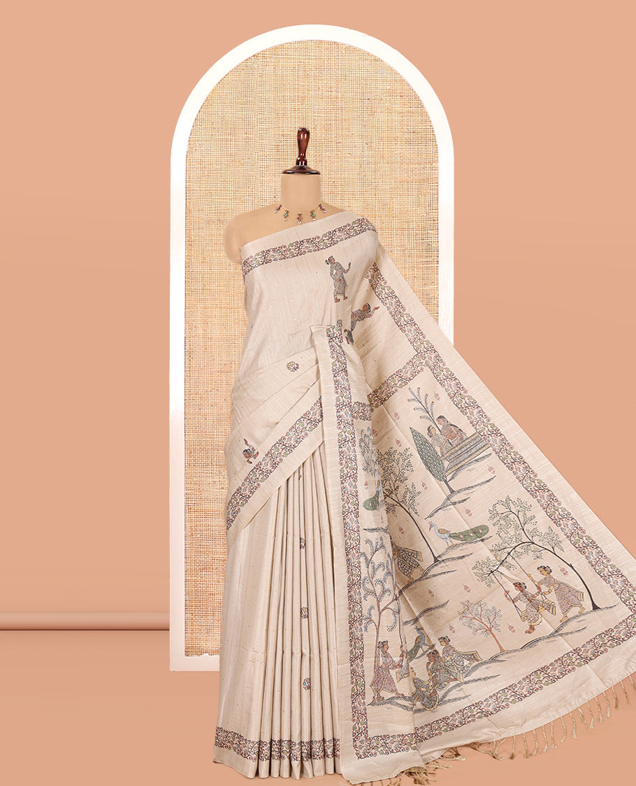 Chikku Matka Tussar Saree, Adorned with Unique Print, a Self-Border, Painting-Style Printed Pallu, and a Matching Blouse