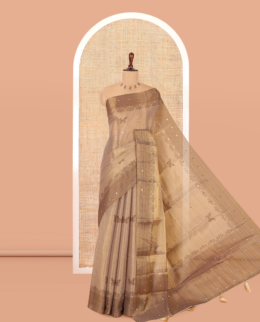 Golden Brown Tissue Saree Features Butterfly Print and Mirror Work, a Contrast Border, and a Contrast Blouse