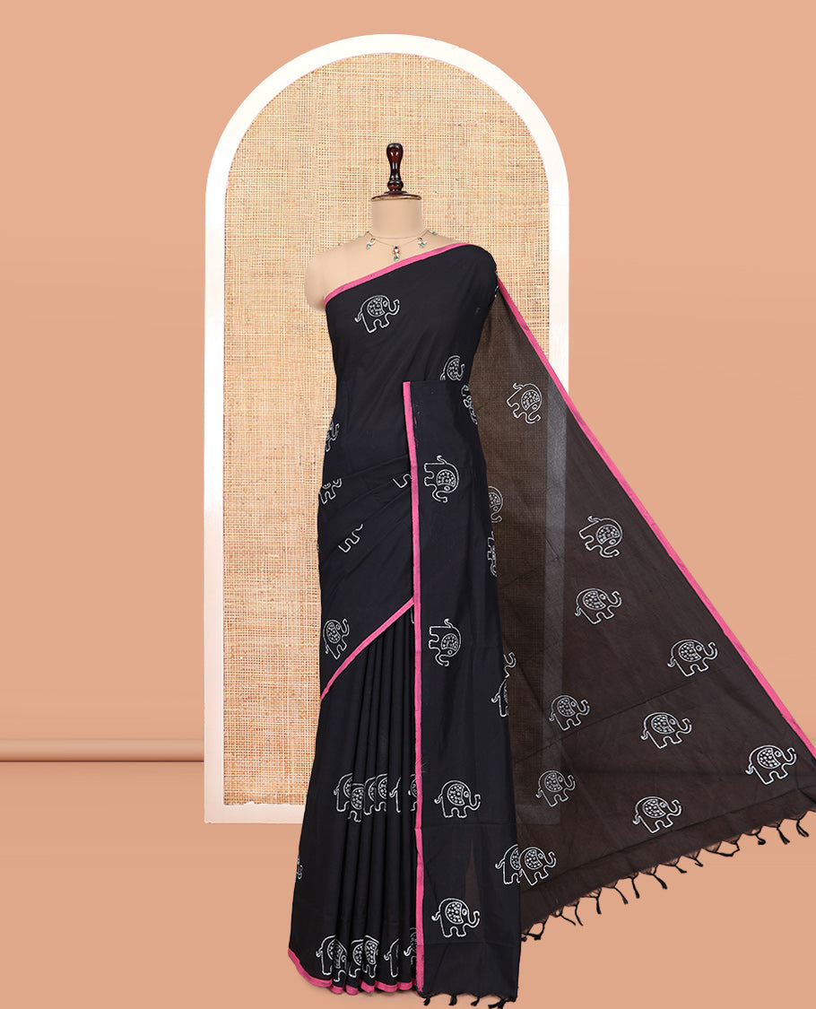 Borderless Black South Cotton Saree, Adorned with Elephant Motifs, a Contrast Block Printed Blouse