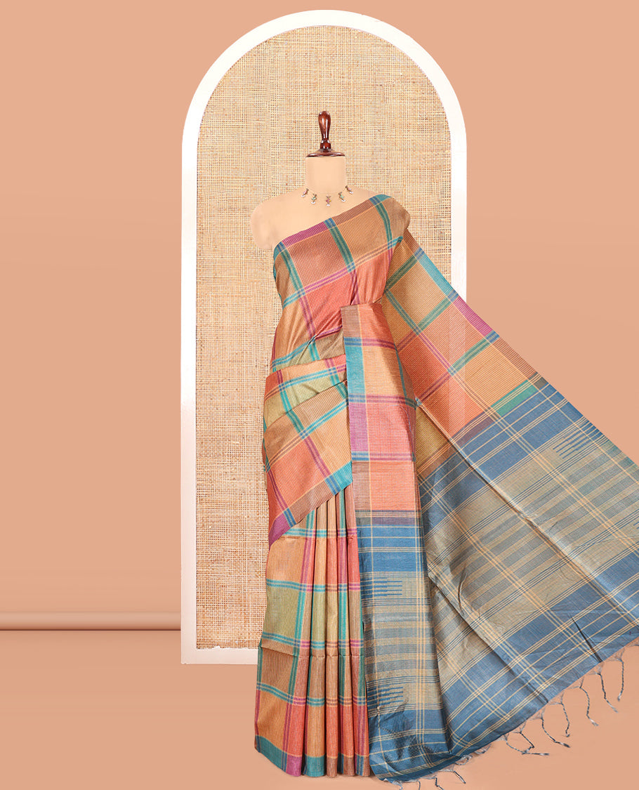 Borderless Rama Green Macro-Checked Katan Silk Saree, a Subtly Striped Pallu, and a Contrast Blouse