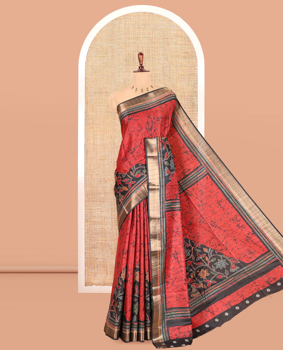 Red Katan Silk Saree, Detailed with Batik Print, a Contrast Kantha Work Border, Pallu of Floral Print and Kantha Work, and a Contrast Blouse