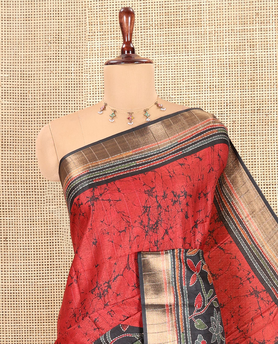 Red Katan Silk Saree, Detailed with Batik Print, a Contrast Kantha Work Border, Pallu of Floral Print and Kantha Work, and a Contrast Blouse