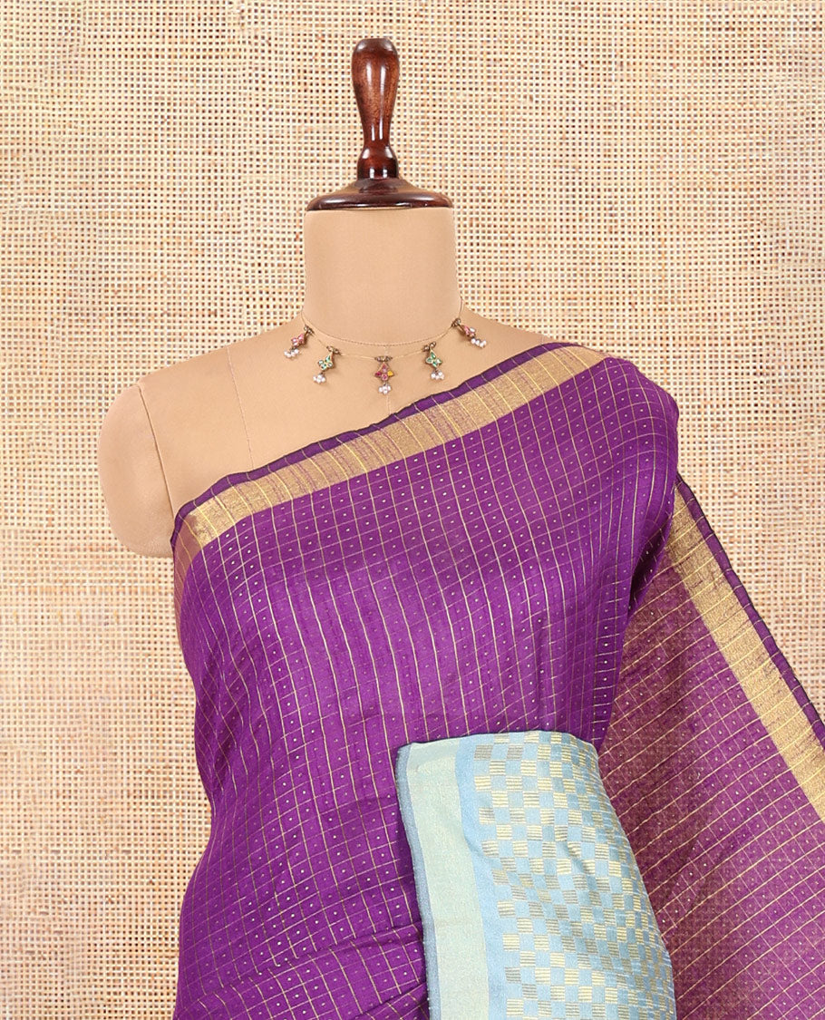 Violet Semi-Raw Silk Saree, Enriched with Butta Enclosed Checks, a Contrast Checked Border, Checked Pallu, a Contrast Blouse