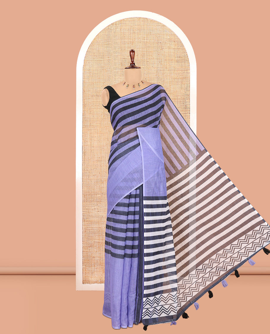 Borderless Lavender Linen Cotton Saree, Decked Up with Stripes, a Self-Pallu of Stripes, and a Contrast Blouse