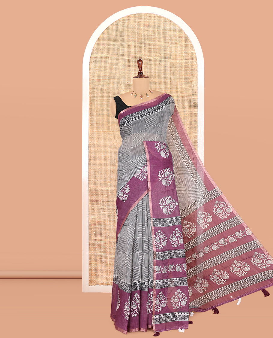Black-Purple Linen Cotton Saree