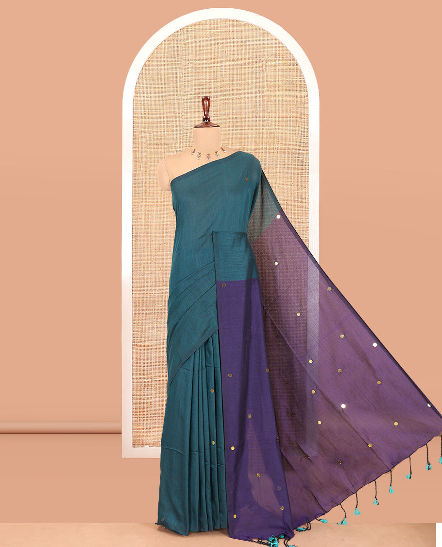 Borderless Peacock Green-Dark Violet Khadi Cotton Saree