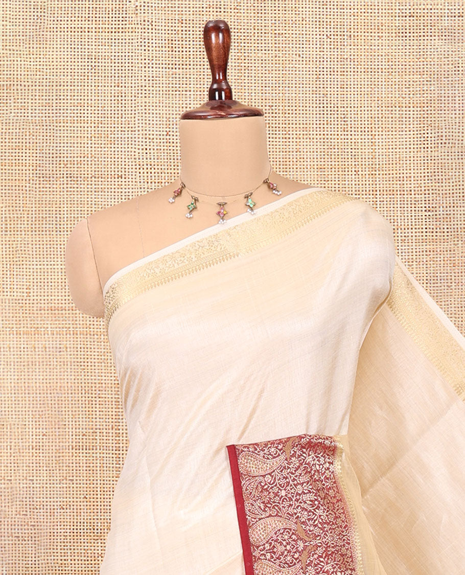 Cream-Maroon Plain Art Tussar Saree