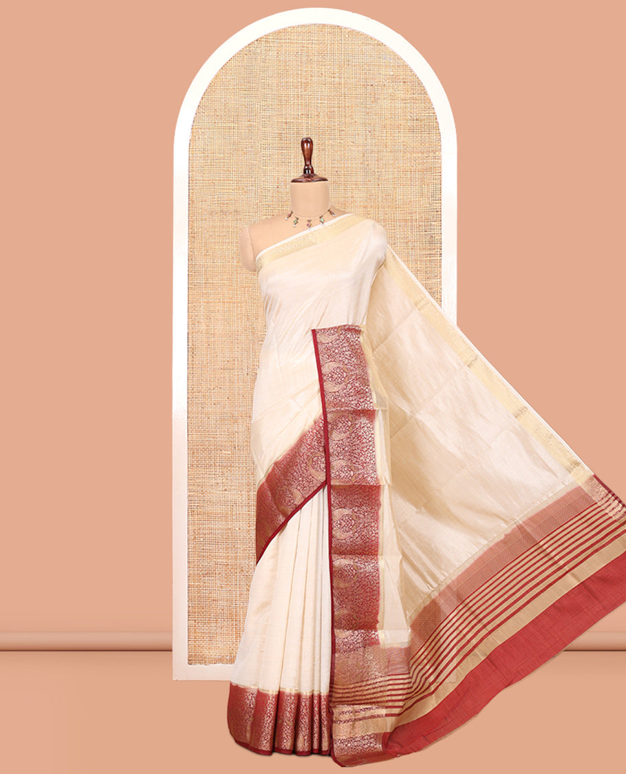 Cream-Maroon Plain Art Tussar Saree
