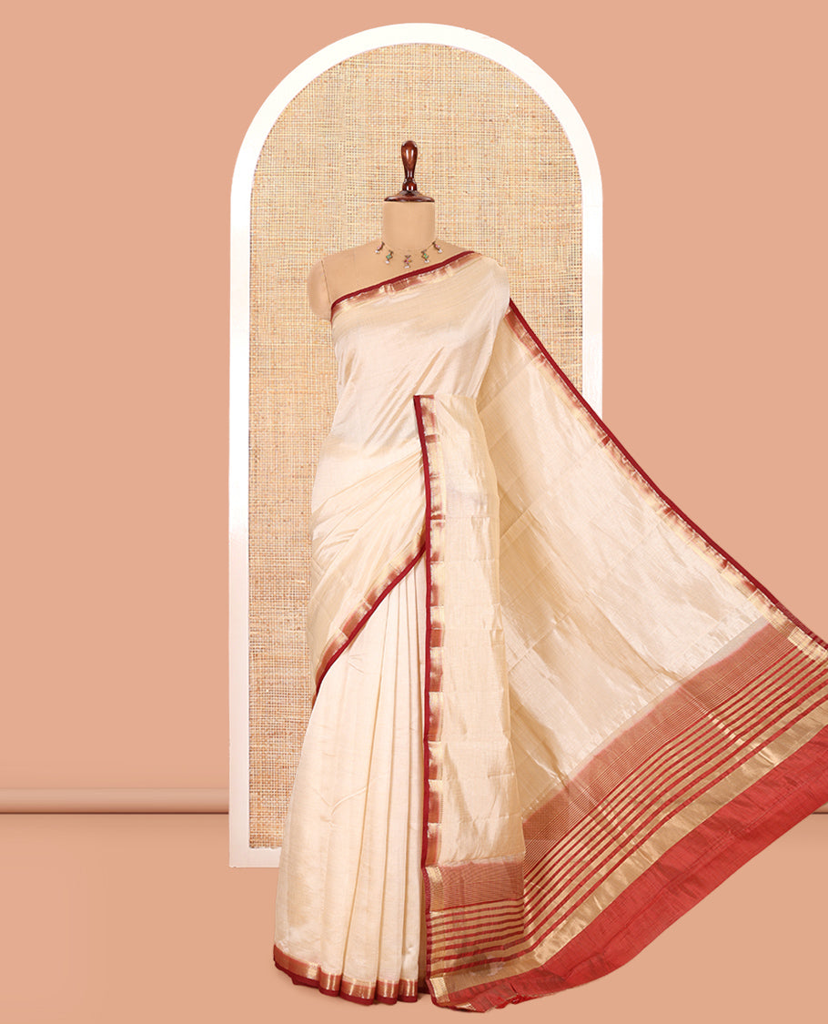 Cream-Maroon Plain Art Tussar Saree