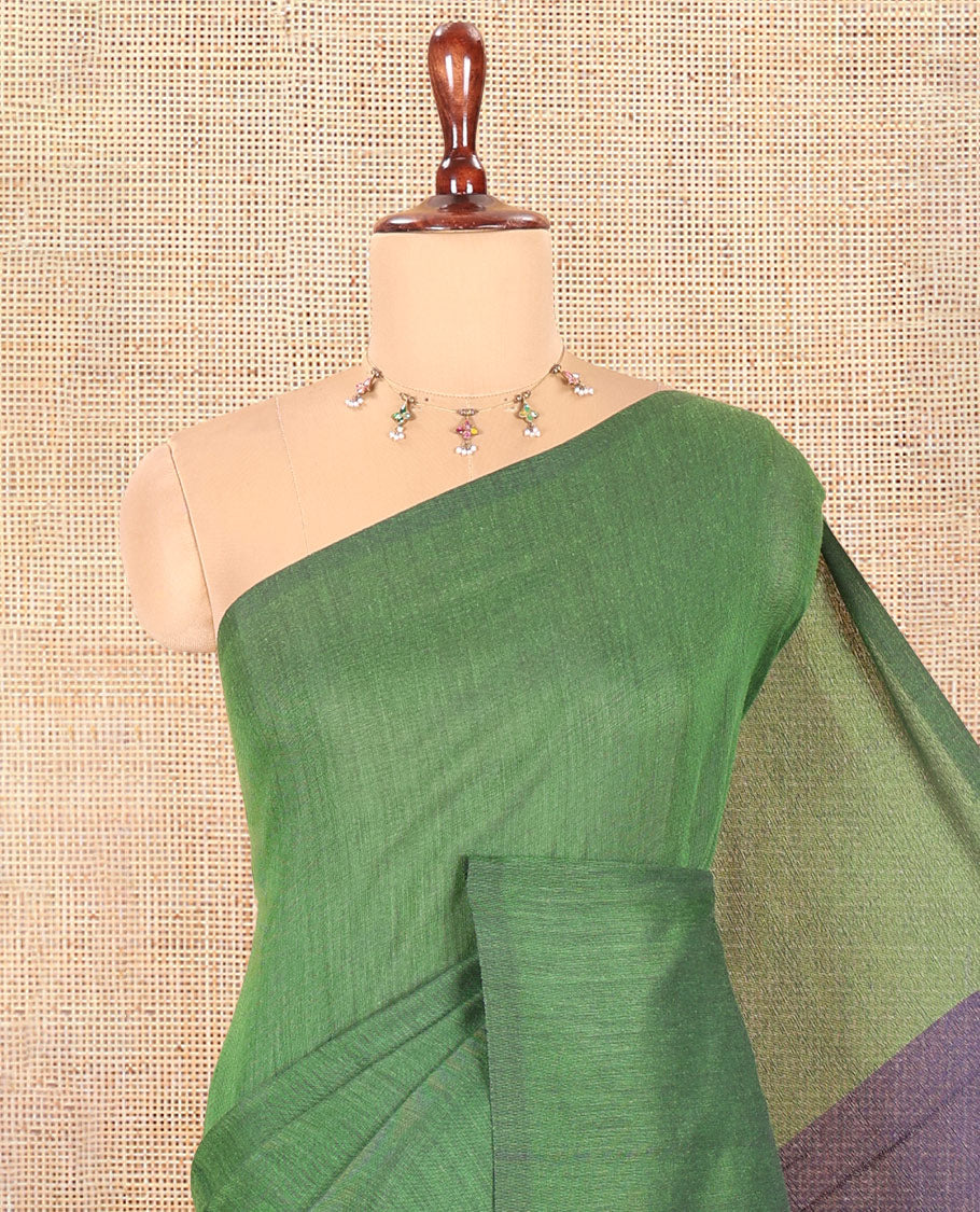 Borderless Green-Navy Blue Plain Khadi Cotton Saree