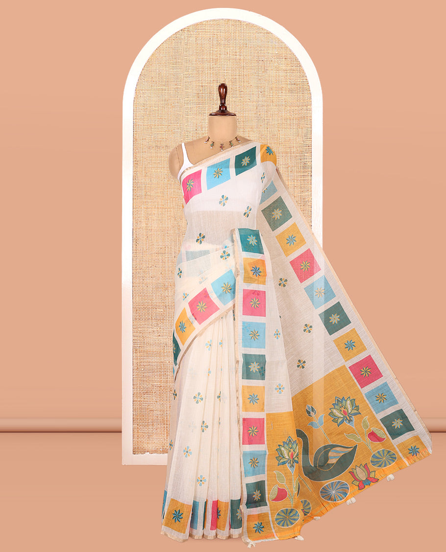 Cream-Yellow Linen Cotton Saree