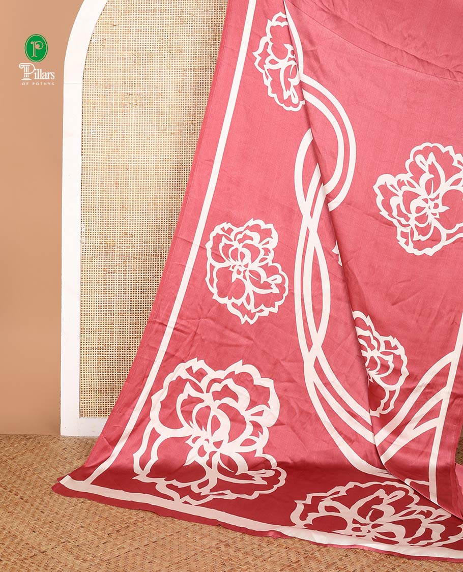 Bordeless white with pink printed design modal crepe saree & printed pallu along with plain blouse
