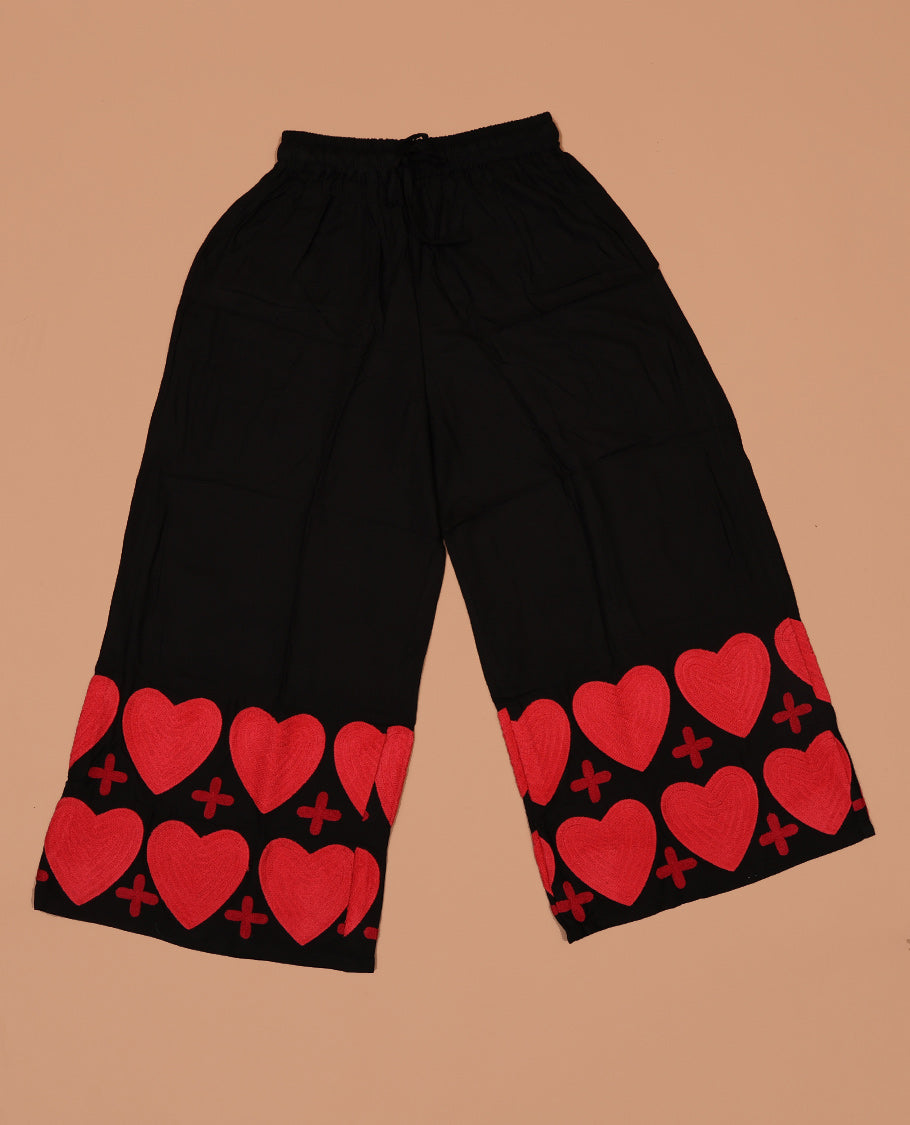 Black-base red heart motifs woolen thread embroidered rayon palazzo pants