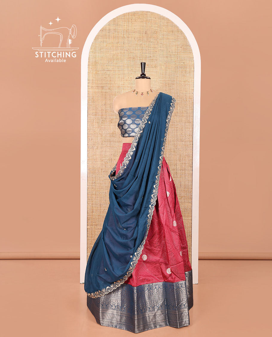 Rani Pink and Blue Banarasi Silk Half-Saree Featuring Micro-Checks and Chakram Buttas Woven Skirt, Complemented by Contrast Traditional Zari Design Border, Paired with a Jacquard Blouse, and a Rangoli Georgette Embroidered Dhavani