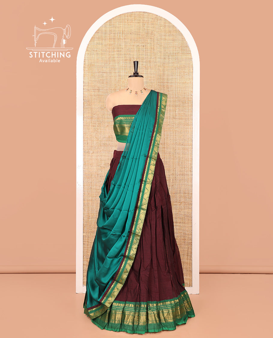 Dark Maroon-Green Chettinad Cotton Half-Saree Set Featuring a Plain Skirt, Contrast Traditional Border, Matching Blouse, and Contrast Syska Georgette Dhavani