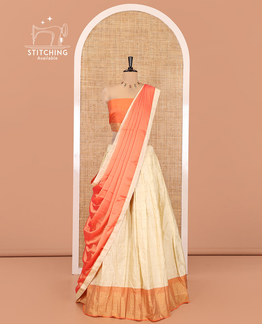 Cream-Orange Taffeta Silk Half-Saree Featuring Buttas Skirt, Contrast Border, Contrast Blouse, Contrast Plain Dhavani