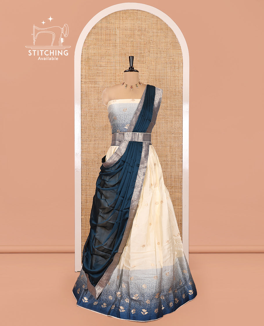 Cream-Sea Blue Semi-Silk Half-Saree Featuring Buttas Skirt, Contrast Floral Border, Matching Blouse, Contrast Syska Georgette Dhavani