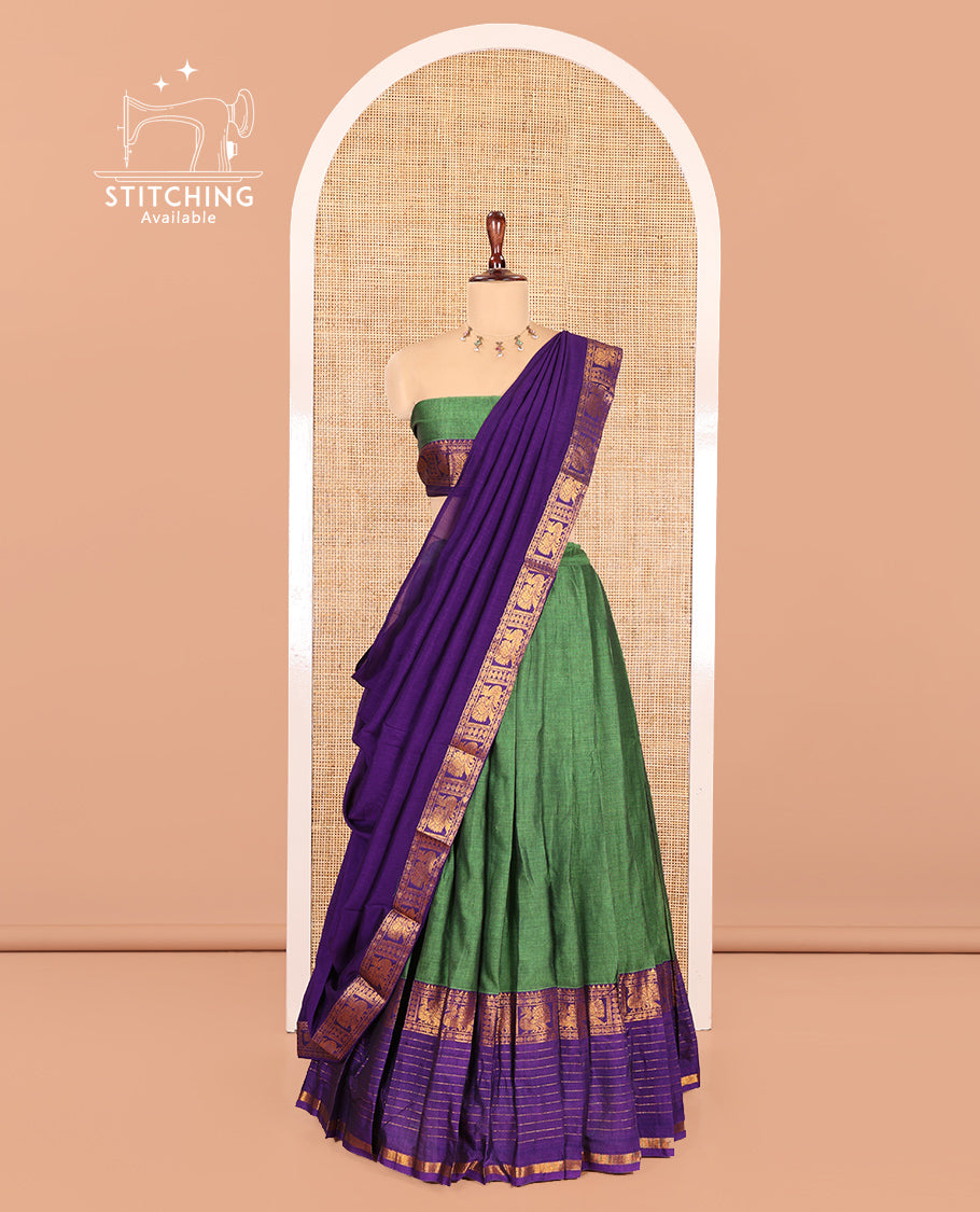 Green-Blue Mercerised Cotton Half Saree Features a Plain Skirt, a Contrast Traditional Zari Border, a Matching Blouse, and a Contrast Dhavani