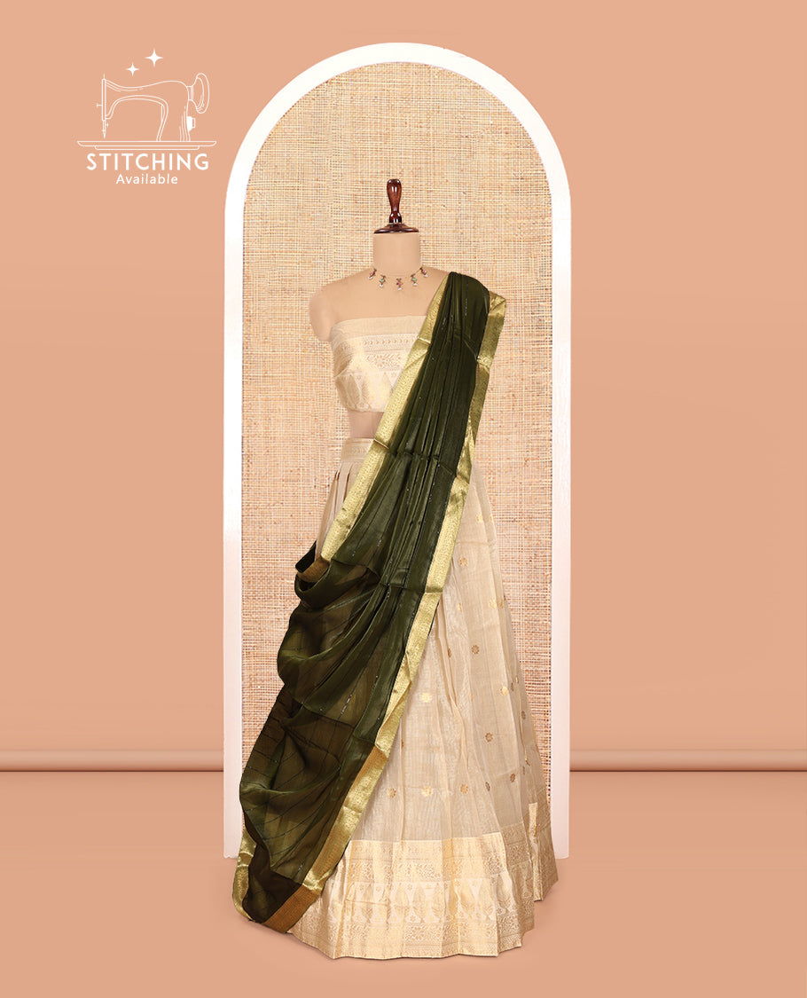 Chikku-Green Banaras Kota Half-Saree, Zari Buttas Skirt, Traditional Border, Matching Blouse, Contrast Organza Sequins Dhavani