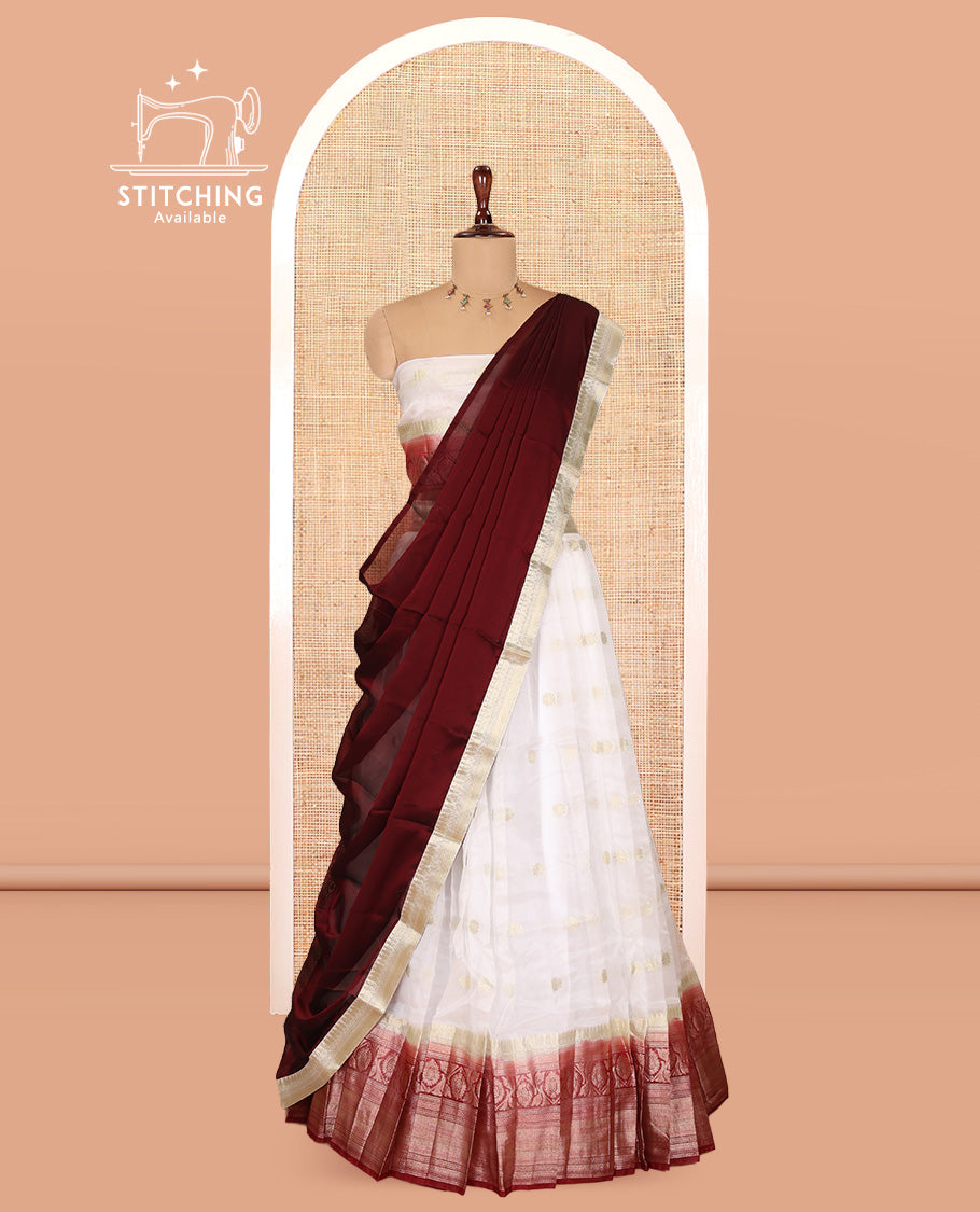 Cream-Red Organza Half-Saree Features Zari Buttas Skirt, Contrast Traditional Border, Matching Blouse, Contrast Dhavani