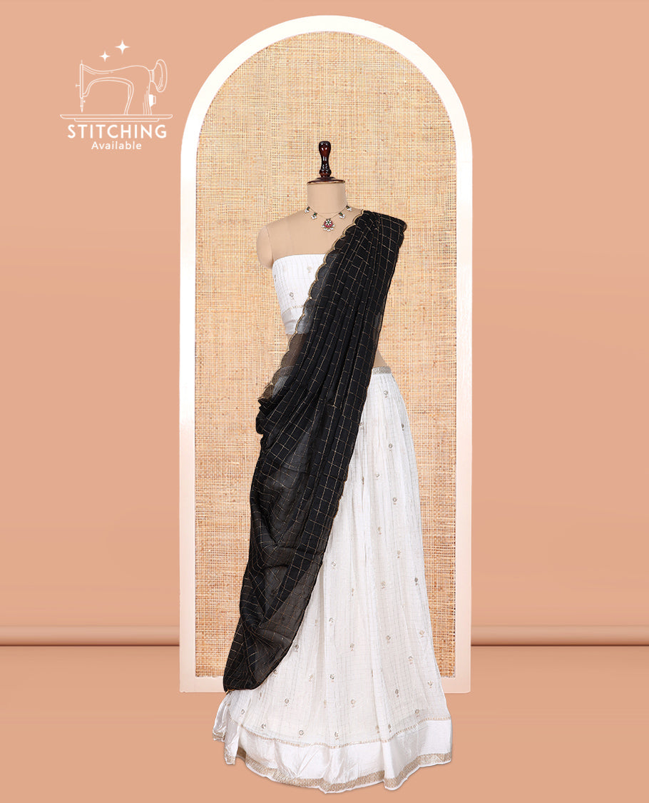 Cream-Black Viscose Georgette Half-Saree, Buttas Skirt, Matching Blouse, Contrast Checked Dhavani