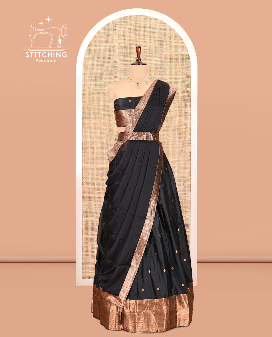 Black Semi-Silk Half-Saree, Enriched with Zari Buttas Skirt, a Matching Blouse, and a Zari Design Dhavani