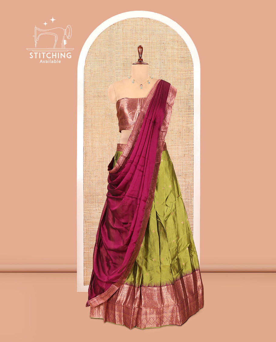 Parrot Green-Purple Semi-Silk Half-Saree, Zari Buttas Skirt, Contrast Traditional Zari Border, a Matching Blouse, a Contrast Blouse