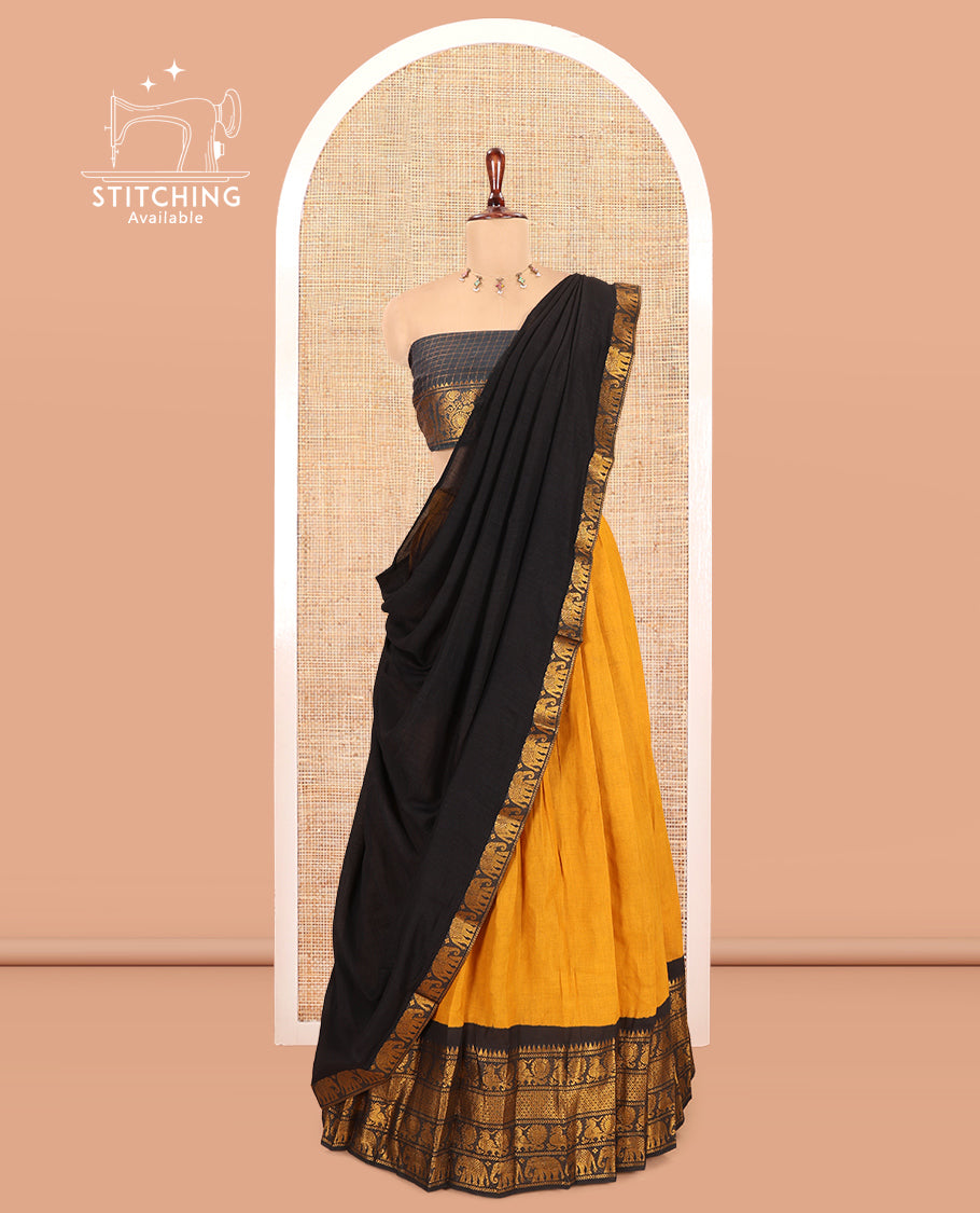 Mustard-Black Sungudi Cotton Half-Saree, Plain Skirt, Contrast Elephant-Peacock Border, Contrast Blouse, Contrast Elephant Motif Dhavani
