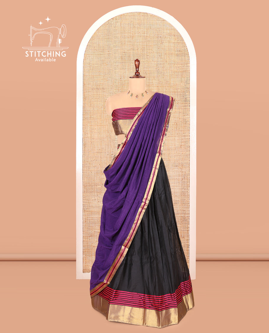 Black-Dark Purple Semi-Silk Half-Saree