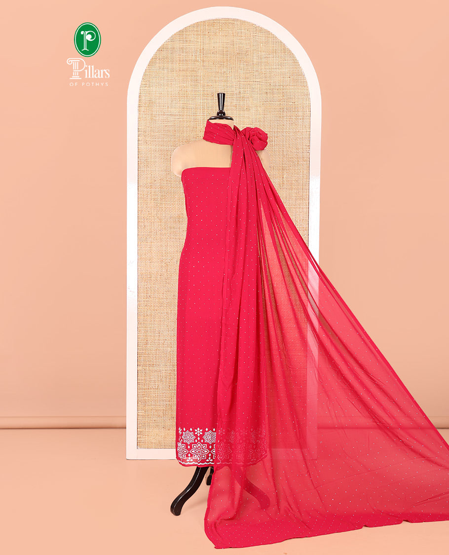 Rani Pink Fox Georgette Material Chudidar Set, Gleamed up with Stone Floral Embroidery On Its Top, A Plain Santoon Bottom and Paired with a Matching Stone Work Fox Georgette Dupatta