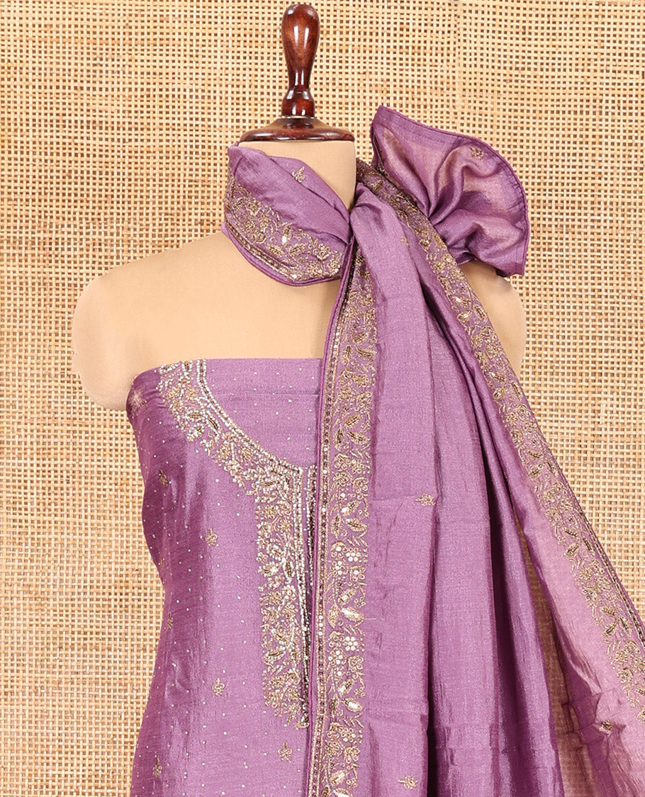 Lavender Vichitra Silk Material Chudidar, Embroidered and Cut-work Top, Santoon Bottom, and an Embroidered Dupatta