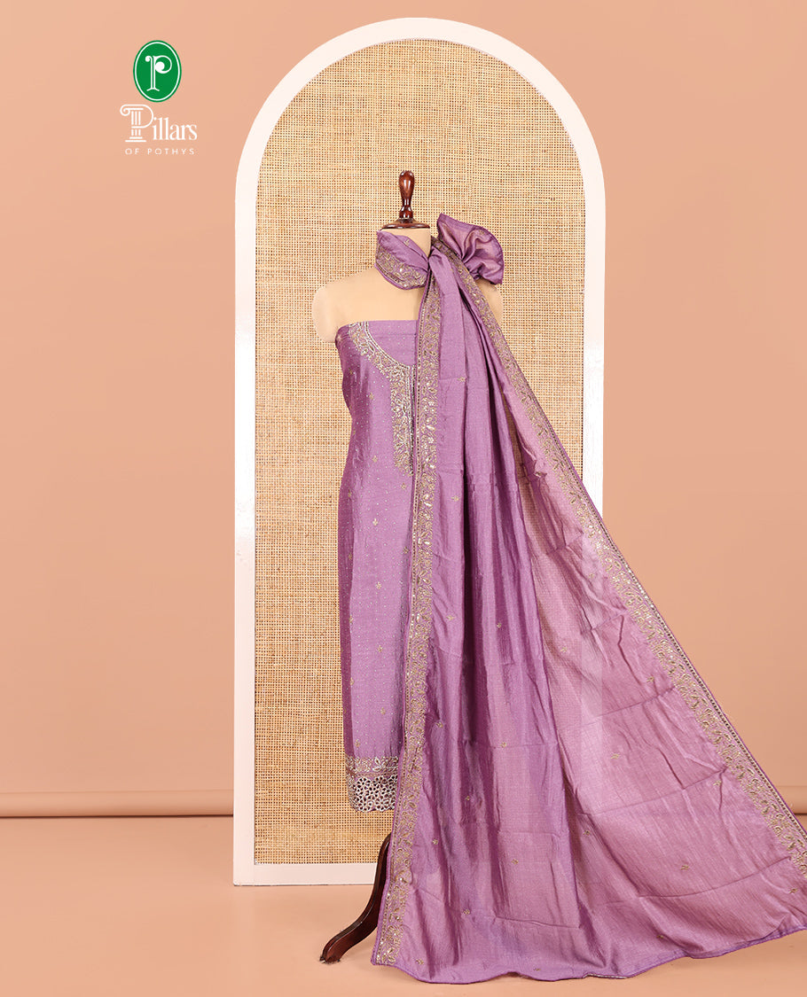 Lavender Vichitra Silk Material Chudidar, Embroidered and Cut-work Top, Santoon Bottom, and an Embroidered Dupatta