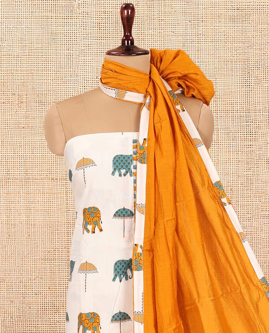 Cream-Mustard Material Chudidar Features an Elephant-Umbrella Printed Top, a Contrast Bottom, Contrast Bordered Dupatta