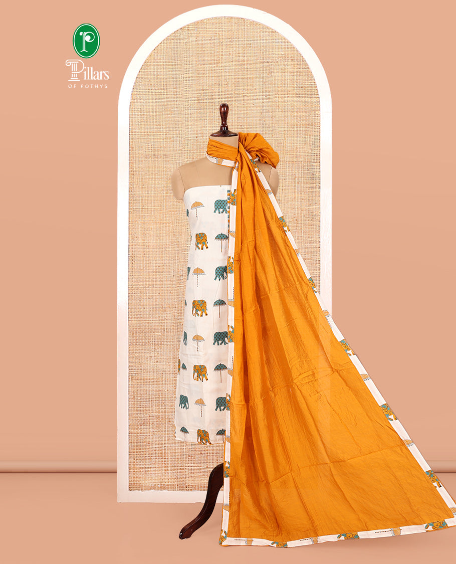 Cream-Mustard Material Chudidar Features an Elephant-Umbrella Printed Top, a Contrast Bottom, Contrast Bordered Dupatta