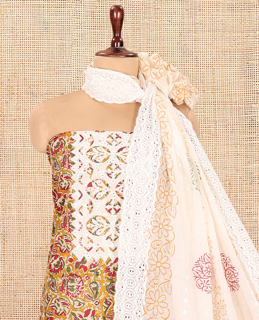 Mustard Cotton Material Chudidar, Floral Printed Hakoba Top, a Contrast Bottom, Print-Hakoba Dupatta