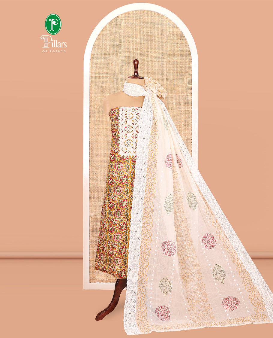 Mustard Cotton Material Chudidar, Floral Printed Hakoba Top, a Contrast Bottom, Print-Hakoba Dupatta