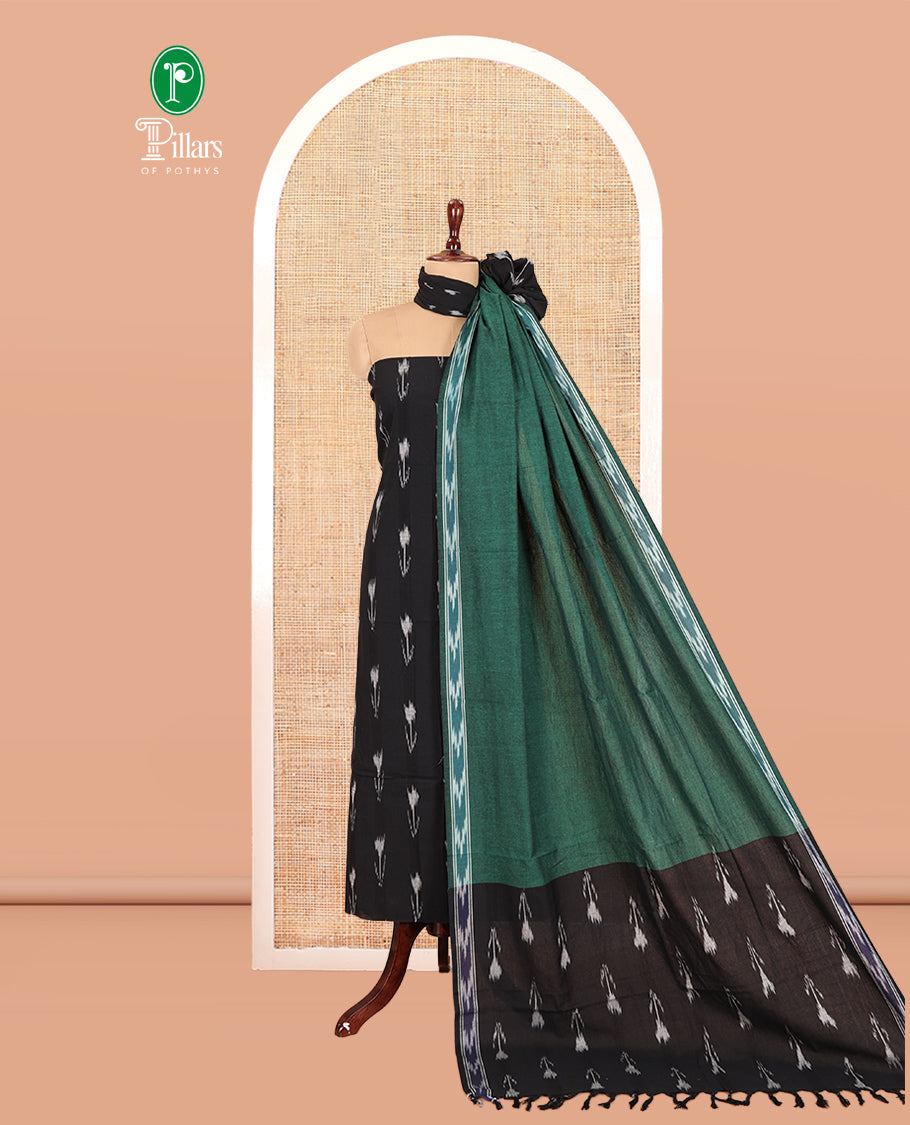 Black-Green Pure Cotton Saree Material Chudidar Ikat Buttas Top, a Contrast Bottom, and Ikat Buttas Dupatta