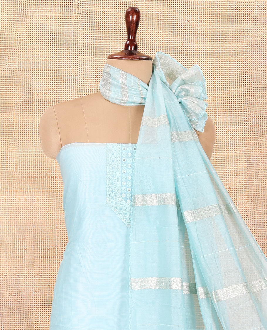 Blue Mul Chanderi Material Chudiddar, Embroidered Top, Plain Bottom, Zari Striped Dupatta
