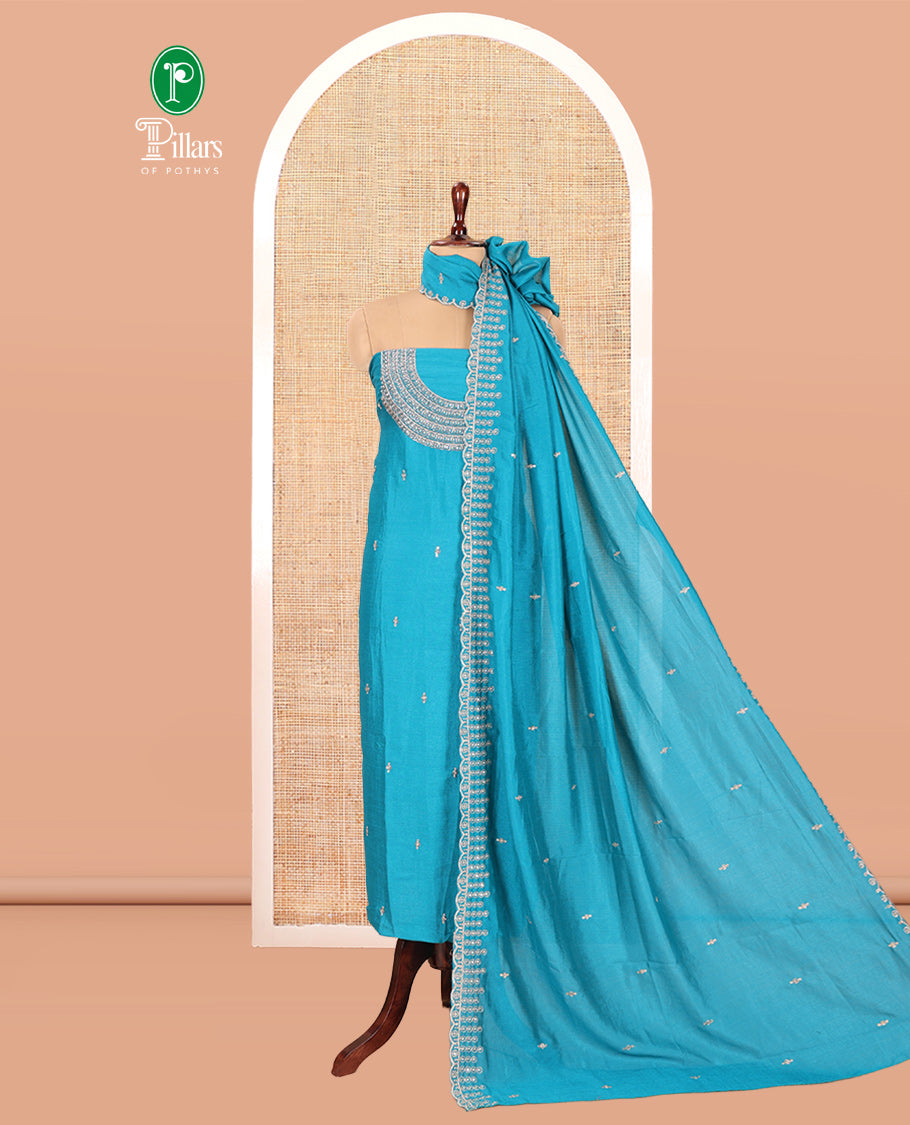 Rama Blue Vichitra Silk Material Chudiddar, Embroidered Top, Plain Bottom, Scallop Embroidered Dupatta
