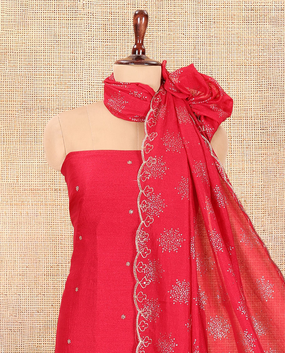 Magenta Semi-Silk Material Churidar Set, Floral Embroidered Top, a Matching Bottom, and a Scallop Foil Printed Dupatta
