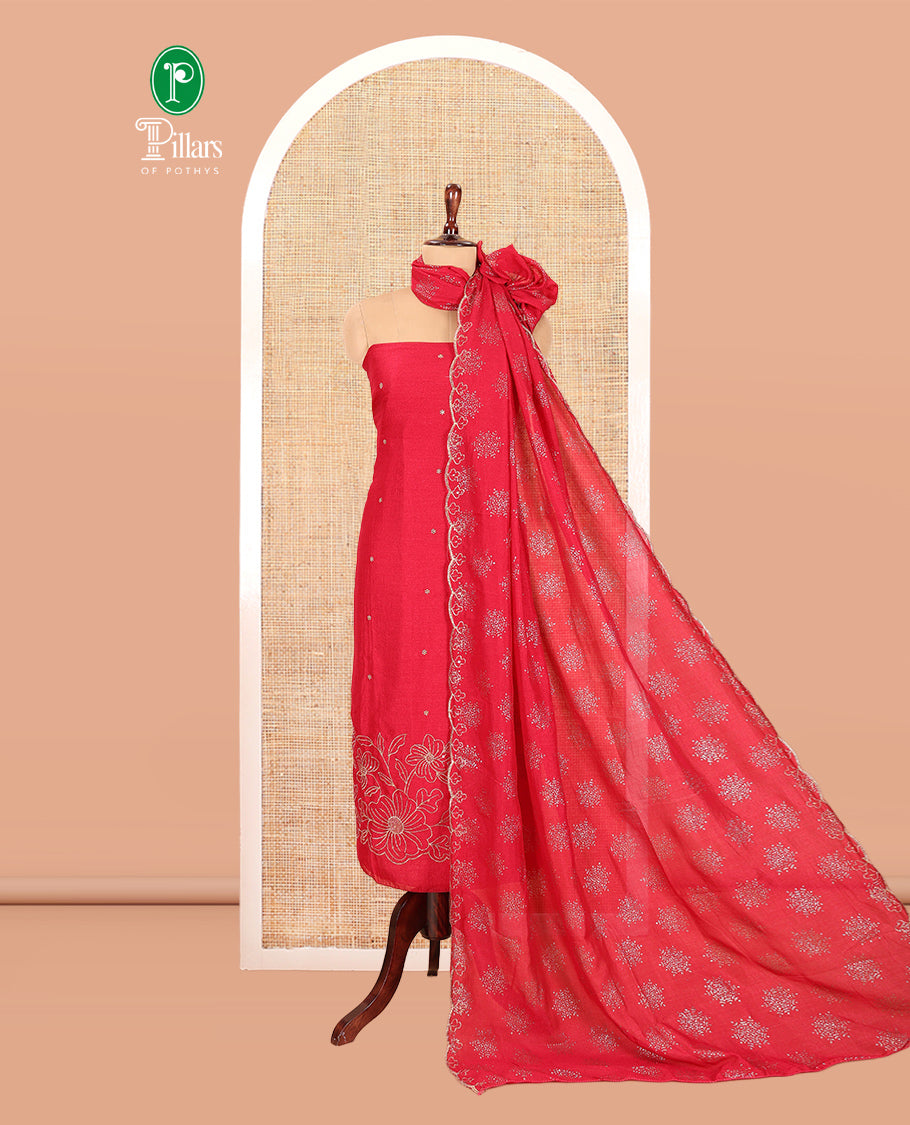 Magenta Semi-Silk Material Churidar Set, Floral Embroidered Top, a Matching Bottom, and a Scallop Foil Printed Dupatta