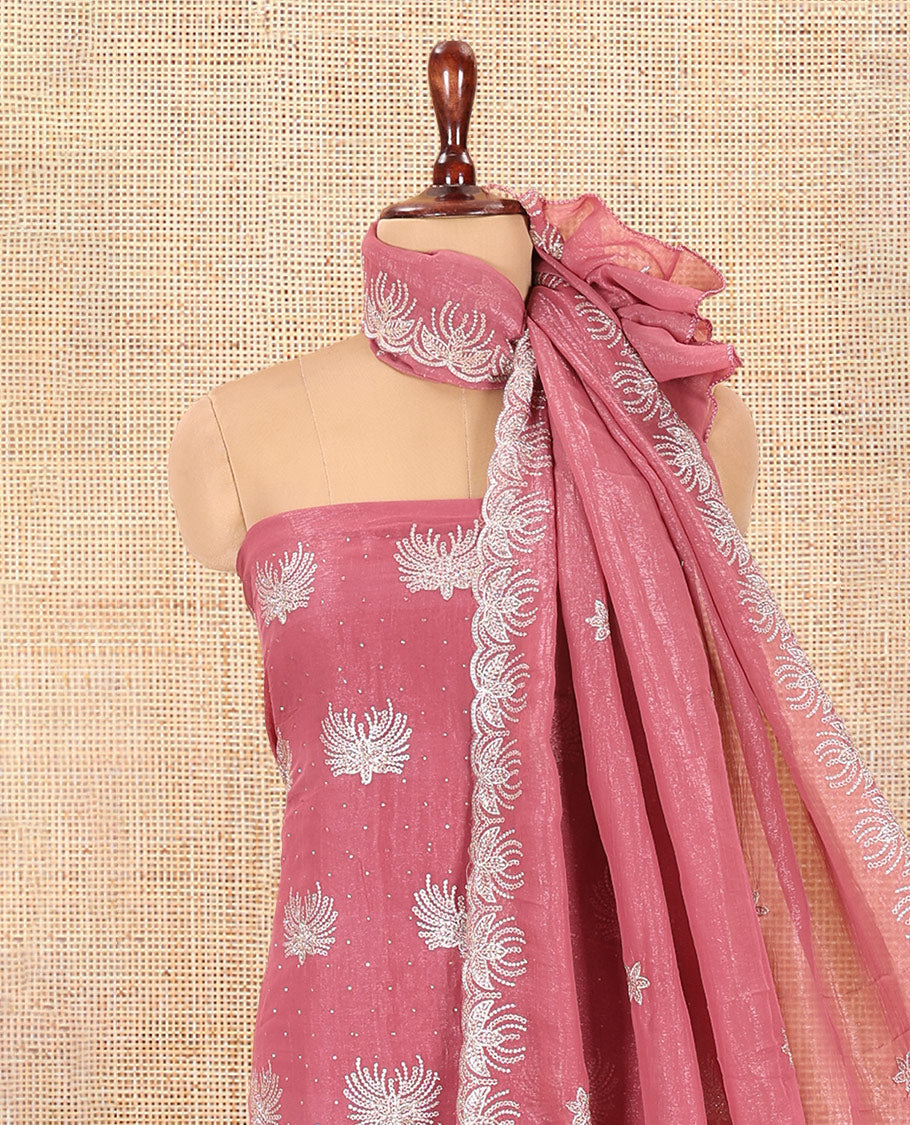 Pink Crunchy Chiffon Material Churidar Features Thread Embroidered-Stone Work Top, Plain Bottom, Embroidered Dupatta