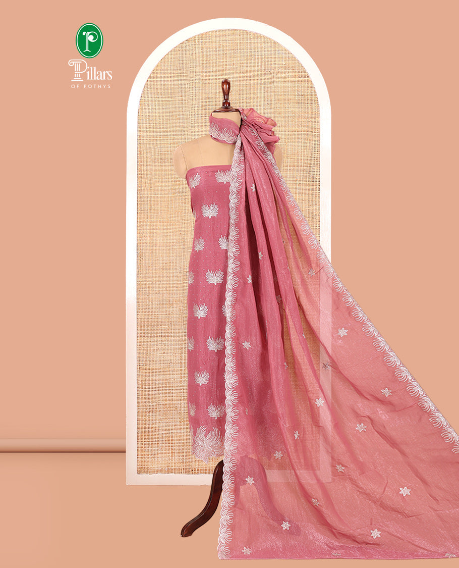 Pink Crunchy Chiffon Material Churidar Features Thread Embroidered-Stone Work Top, Plain Bottom, Embroidered Dupatta