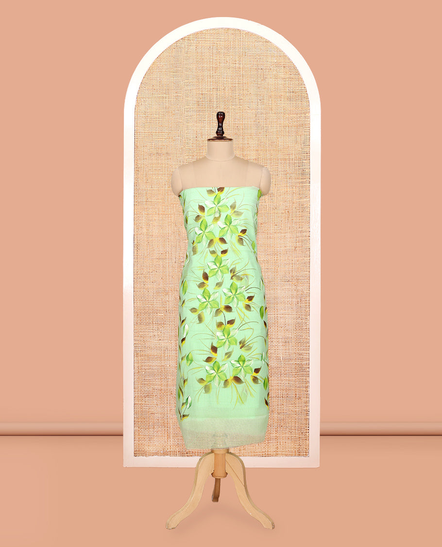 Pista Green Net Kota Material Churidar, Adorned with Hand-Brush Painting Floral Printed Top, a Plain Bottom, and Hand-Brush Floral Printed Dupatta