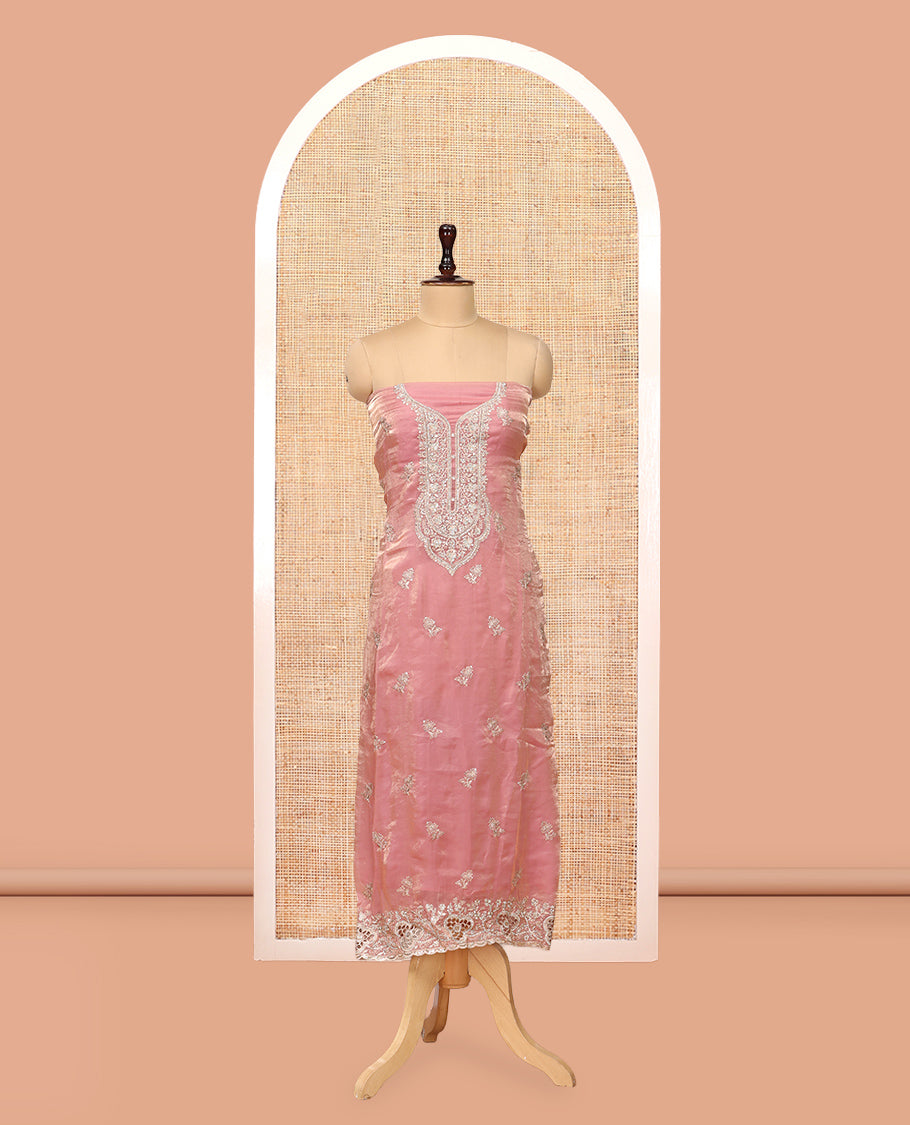 Onion Pink Fendy Organza Material Chudidar Set, Adorned with Neck Embroidered Top, a Santoon Bottom, and a Embroidered Dupatta