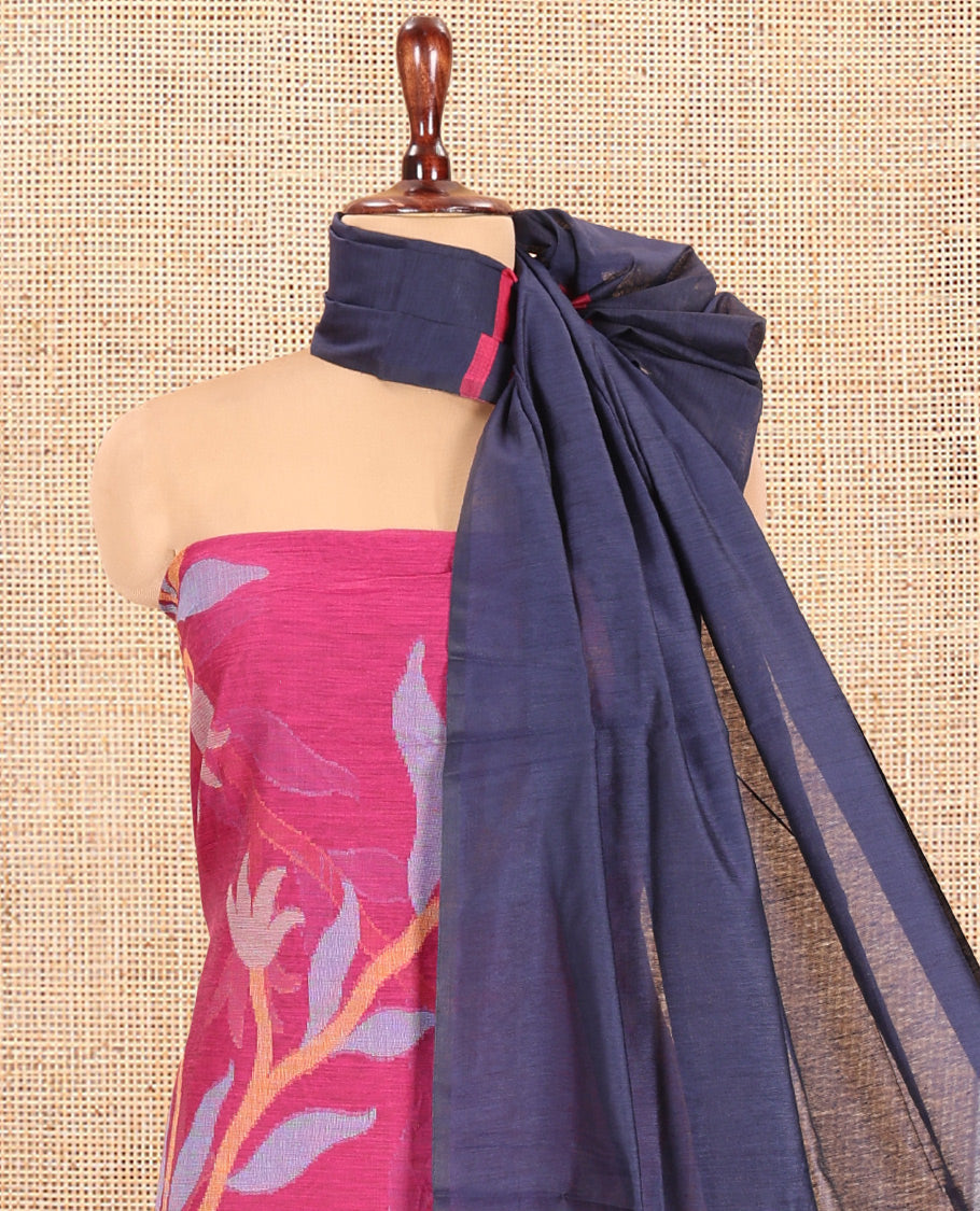 Rani Pink Chanderi Silk Material Chudidar Features Jamdani Floral Top, Contrast Bottom and Dupatta