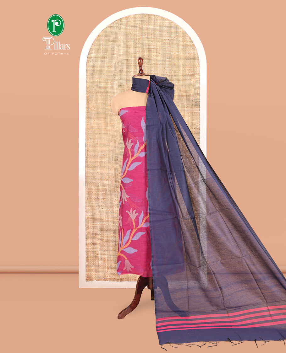 Rani Pink Chanderi Silk Material Chudidar Features Jamdani Floral Top, Contrast Bottom and Dupatta